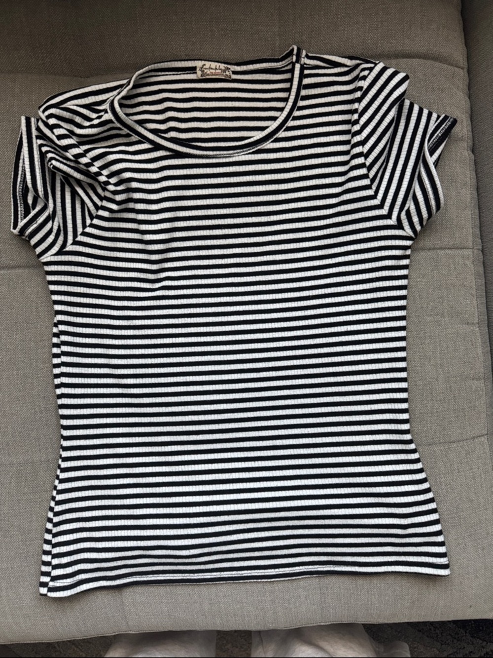 Free People Black & White Striped Ribbed Short Sleeve Tee